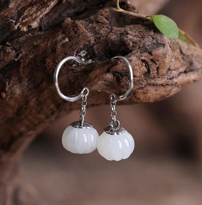 Solid 925 Sterling Silver With White Jade Lotus Flower Dangle Earrings