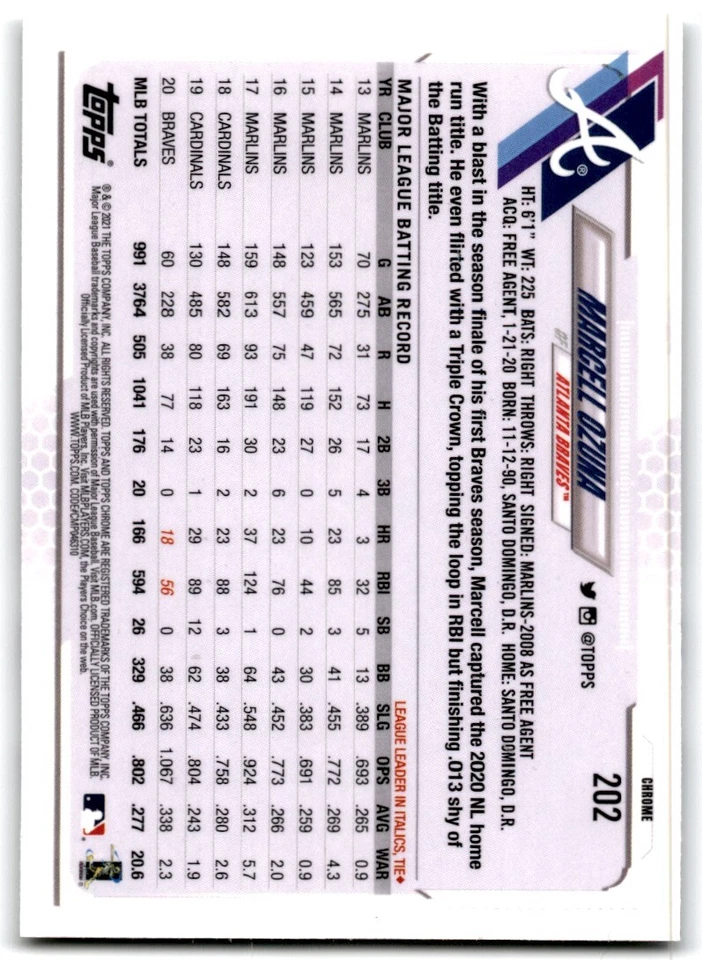 2021 Topps Chrome Marcell Ozuna Baseball Cards #202 - Image 2 of 2
