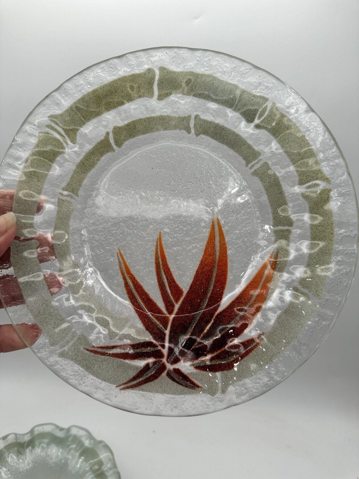 Fused Glass Plate And Bowl Set Of Four Bamboo Style Edging With Red Agave Plant 