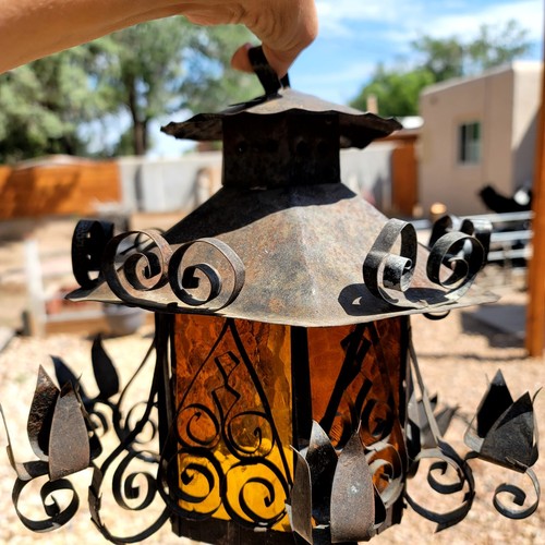 Vtg. Spanish Gothic Metal Scroll Hanging Ornate Lamp Amber Shade