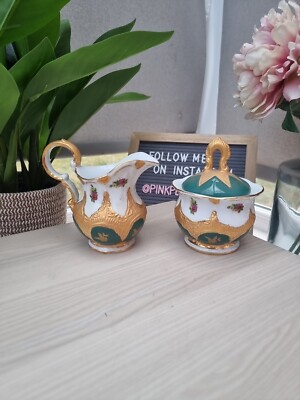 Vintage Yamasen Japan 24kt vergoldet grün Porzellan Milchkännchen Kanne + Zuckerdose