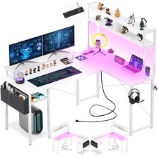L-Shaped Computer Desk Home Office Desk Gaming Desk with Shelves LED Outlets