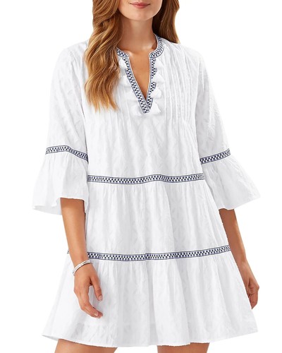 Tommy Bahama Embroidered Jacquard Cotton Tier Cover-Up Dress, White, S, M - Picture 2 of 5