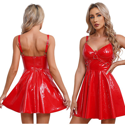 Women's Shiny Leather A-Line Dress Strappy V Neck Ruffled Flared Party Dress