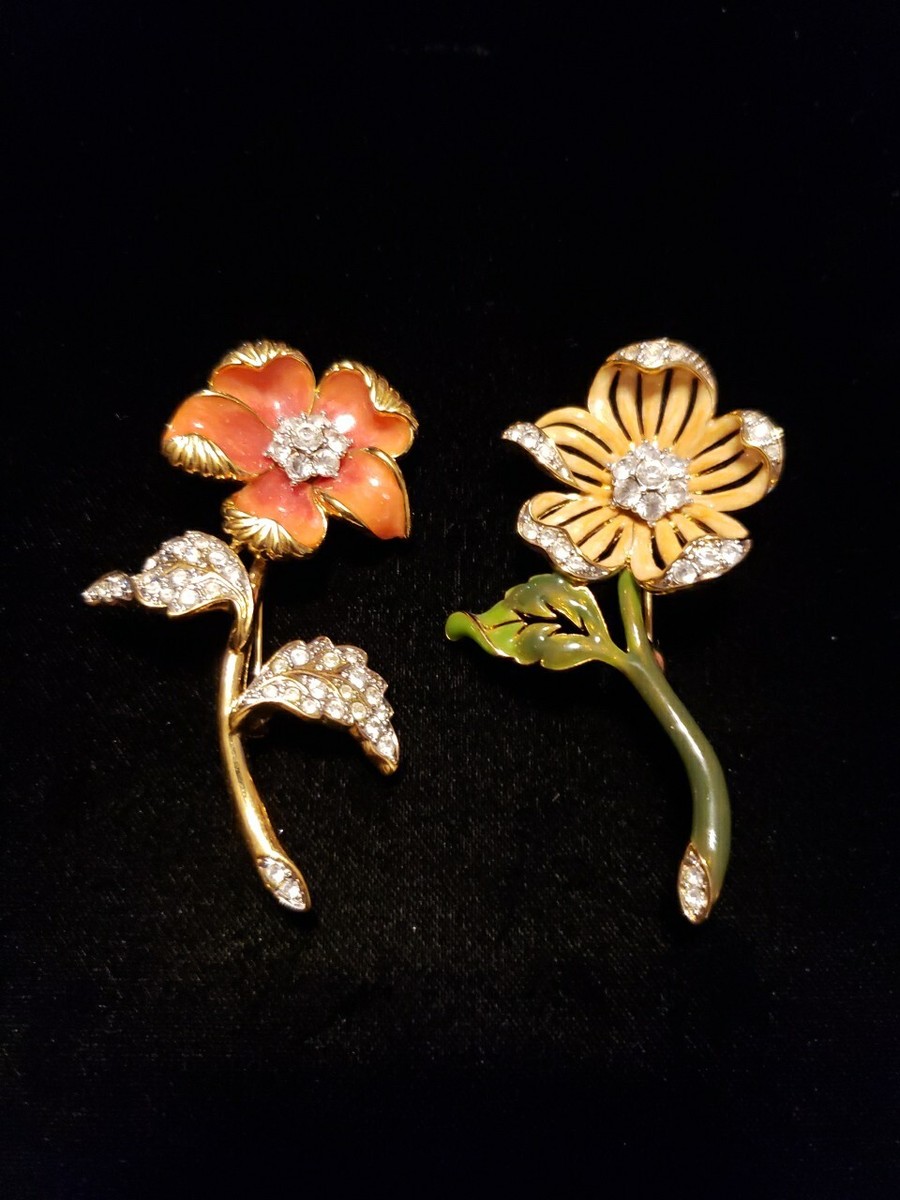 2 Vintage Nolan Miller Glamour Collection Enamel Rhinestone  Nolan Miller Enamel Flowers on Bow Brooch/Pin Vintage main image 0