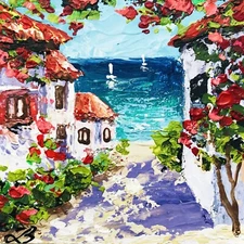 Mediterranean Seascape Bougainvillea Impasto Painting Gifts Original Art 4 x 4"