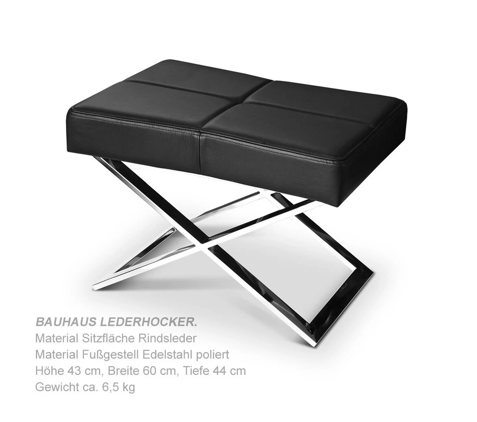 Pouf En Cuir Bauhaus Noir Sur Pied En Acier Inoxydable Qualité - Photo 4/4