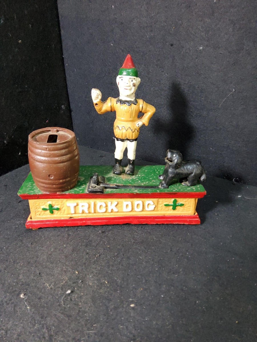 Ancienne Tirelire Mécanique Trick Dog - Fonte, USA - Chien Saute Dans L'anneau