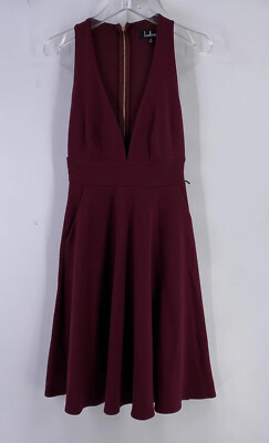 Lulus Woman Fit & Flare Dress S Wine Halter Top Exposed Zip Pockets Stretch