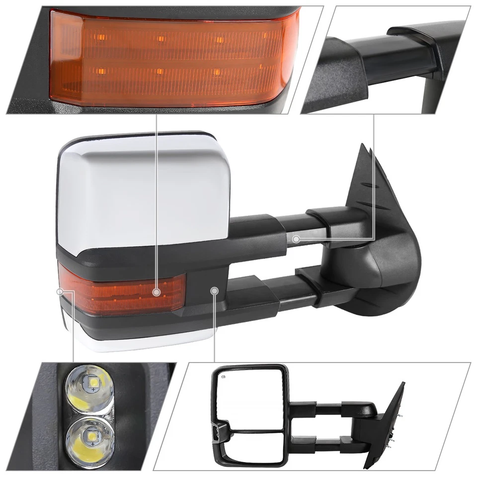 Towing Mirrors Fits 2007-2013 Silverado 1500 2500 Chrome Power Heated+LED Signal Foto 3 de 4