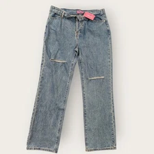 Edikted Jeans Women's Size L Blue Raquel Folded Distressed Straight Button Fly