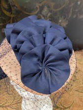 Vintage Navy Straw Saucer Hat Silk Ruffle Crown Birdcage Veil Chin