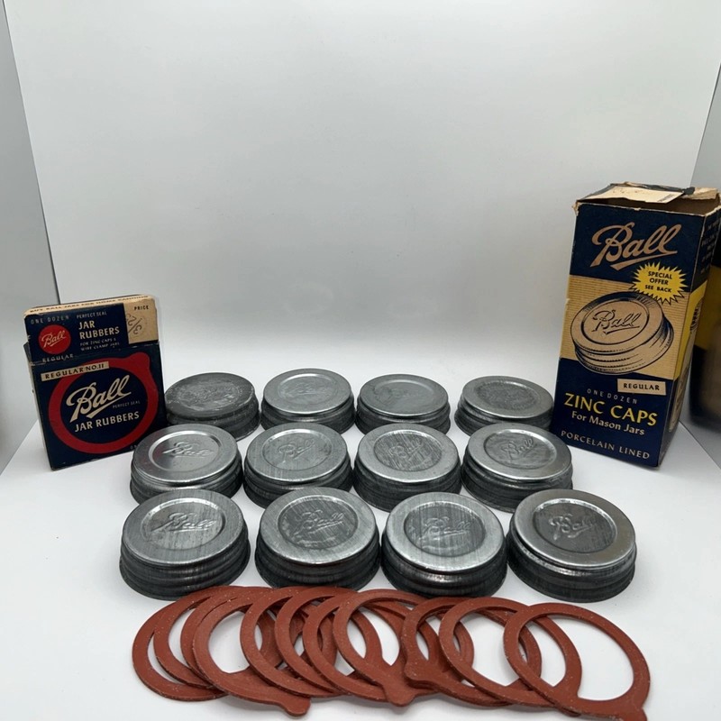 Vintage Box of 12 Zinc Ball Porcelain Lined Canning Fruit Jar Lid Caps