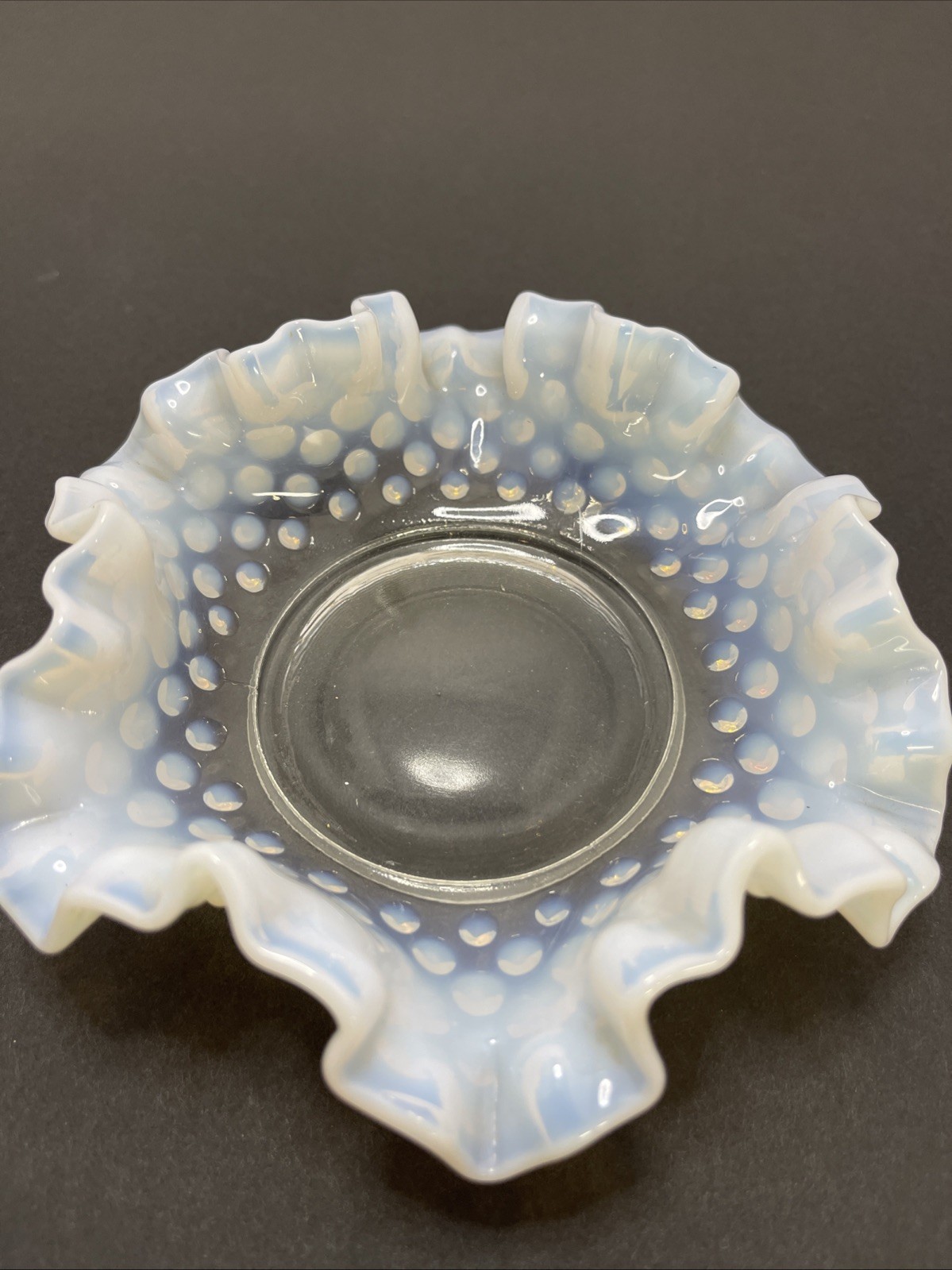 Vintage Fenton Hobnail Crimped Ruffled Edge Glass Candy Dish-Opalescent Blue