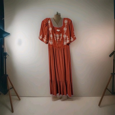 In Loom Brand Women's Deep Orange Maxi Dress With White Embroidery 