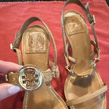 Tory Burch Women's Brown Leather Strappy Buckle Logo Open Toe Heels Size 6