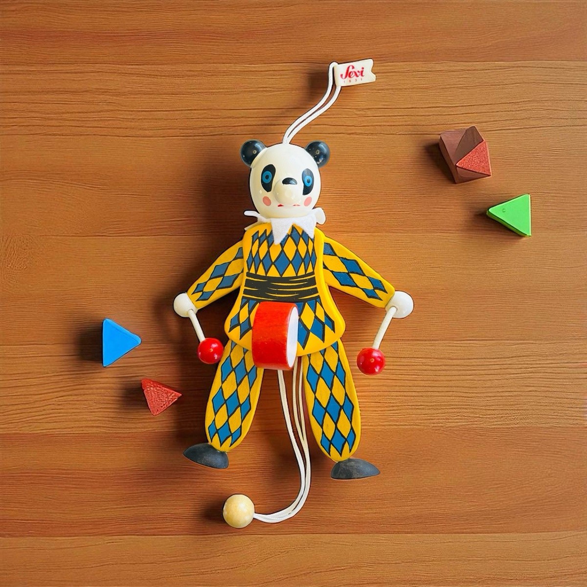 Vintage 8” pull string wooden panda bear drummer marionette puppet