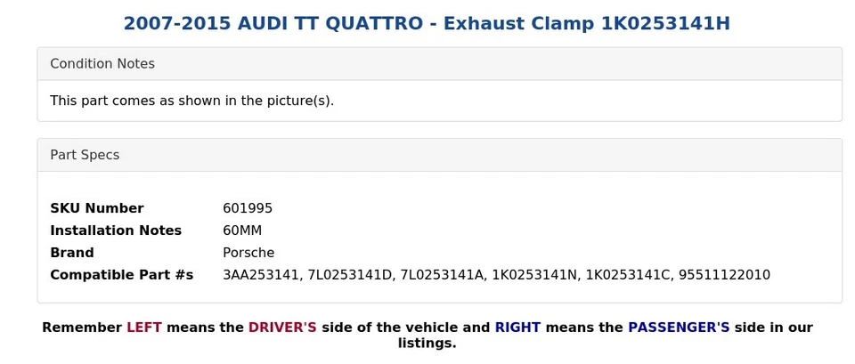 AUDI TT QUATTRO 2007-2015 - Abrazadera de escape 1K0253141H Foto 3 de 4