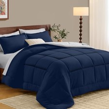 Queen Comforter Set 7 Pieces, Reversible Queen 88"x 88" Navy Blue/Light Grey