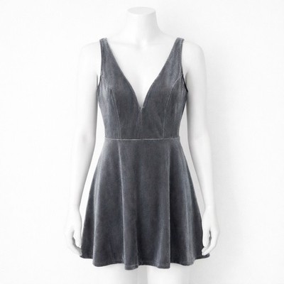 Express Gray Velvet Mini Skater Dress Women's Size Small Shorts Built In