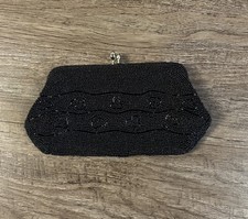 RICHERE VINTAGE 1960'S BLACK BEADED EVENING BAG CLUTCH PURSE MADE IN JAPAN