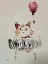 Watercolor Minimalist Fancy Cat Art PRINT Canvas By Artist Jose Trujillo 16x20