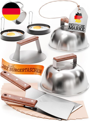 LIKAYA  Smash Burger Master-Set XXL [9-TLG.] Edelstahl Mit Akazienholz-Griffen F