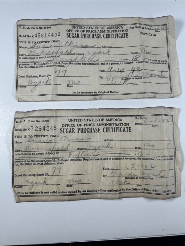 2-1942 WWII Sugar Purchase Certificates-Bakersfield-Ozark County-Missouri
