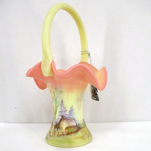 Fenton Burmese Glass Hand Painted Cabin In The Woods Basket