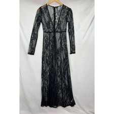Black Floral Lace Sheer Maxi Dress S/M Long Sleeve Deep V-Neck Gothic Romantic