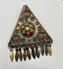 VTG Antique Bronze Tone Signed Israel Filigree Triangle Brooch Pin Pendant Read