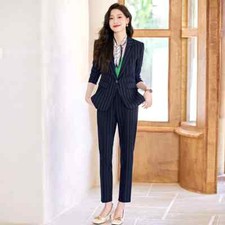 Tailleur Completo Outfit Set Ufficio Giacca Blazer Blu Gessato Slim 38792