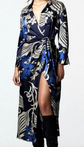 Zara Navy Cream Blue print Wrap Long Midi Dress Sz XXL