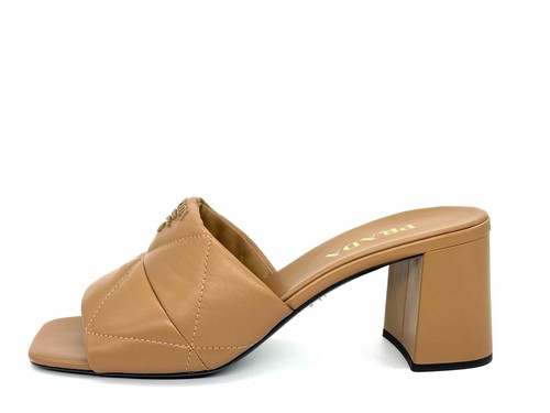 PRADA Logo Padded Diagram Quilted Mules Slides Sandals Heels Shoes Caramel $1120 - Picture 7 of 19