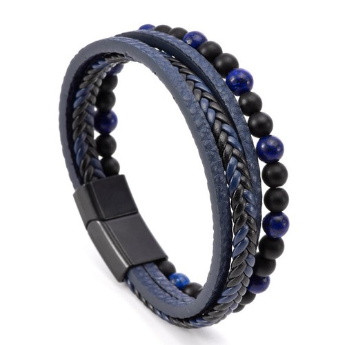 Men's Layered Braided Leather Beaded Bracelet Fashion Natural Tiger Eye Stone - Picture 10 of 15