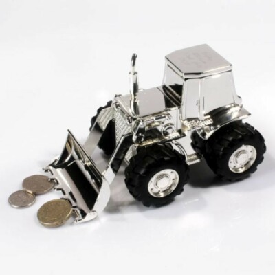 Digger tractor money box silver plated christening gift boxed UK