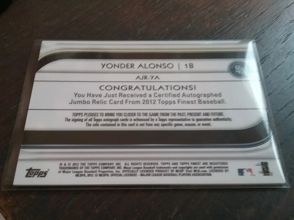 Yonder Alonso SP Auto Jumbo/Reliquia 2012 Topps Finest Indians/Padres Foto 2 de 2