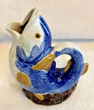 Vintage Majolica Blue Gurgle Koi Fish Deco Art Ceramic Jug Pitcher Vase 8"