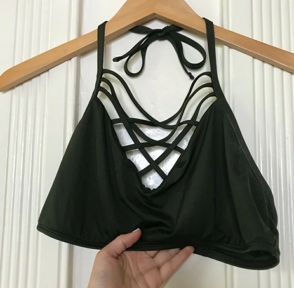 Top de bikini MOSSIMO con tirantes frontales halter verde oliva entrecruzado XLarge Foto 2 de 4