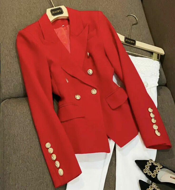 Red Double Breasted Slim Fit Blazer Gold Buttons Coat Elegant Office