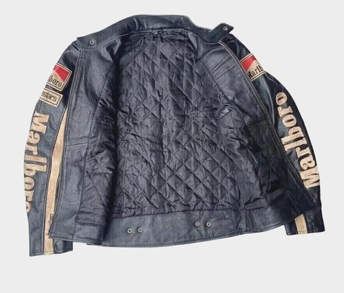 Men Marlboro Leather Jacket Motorcycle Racing Black Biker Vintage in trending . - Picture 3 of 8
