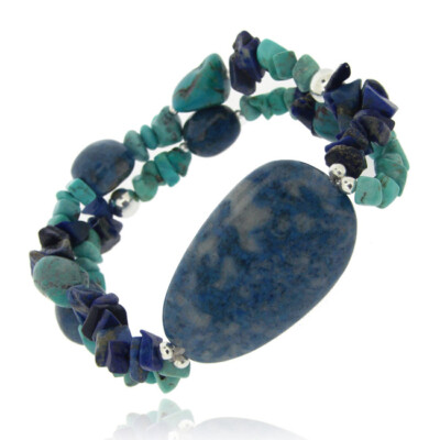 925 Silber Denim Lapis, Lab Created Türkis Chips & Nuggets Stretch Armband
