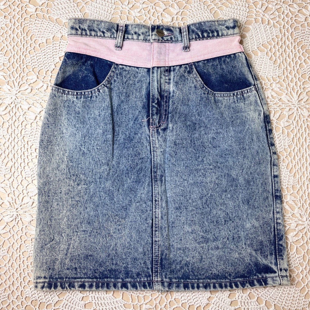 Vintage 1990s Taboo Juniors Rad Acid Wash Pink Contrast Denim Pencil Skirt