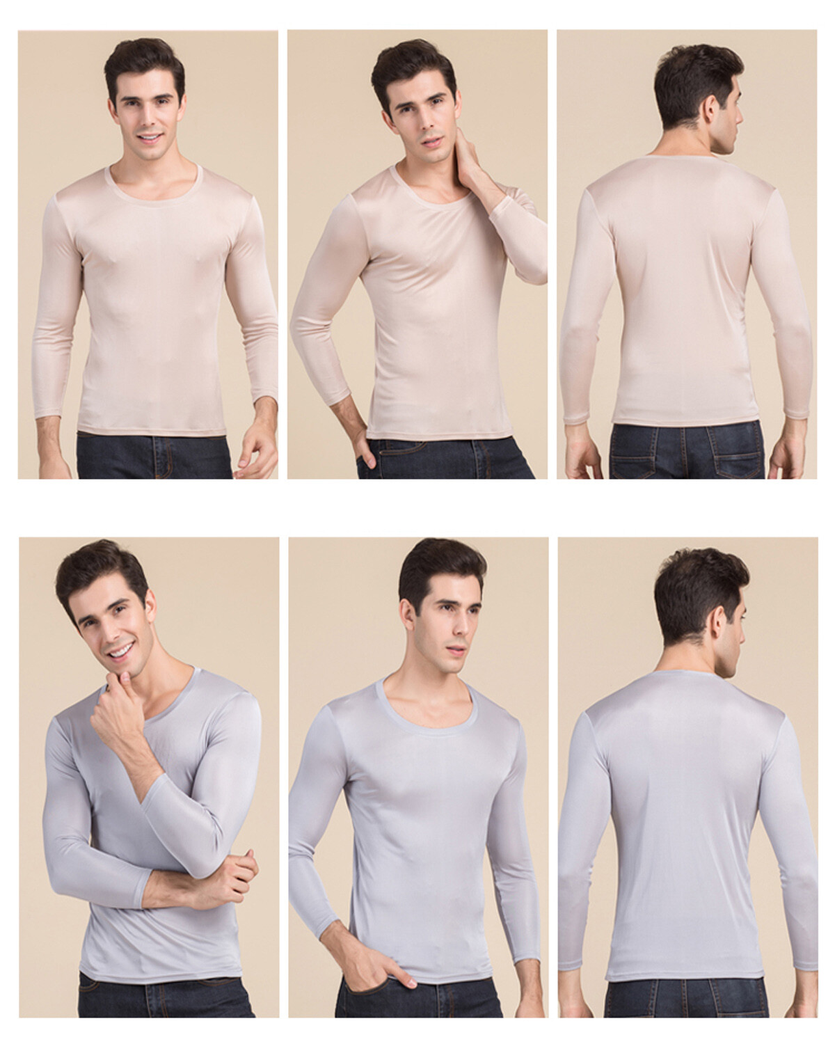 Men 100 Mulberry Silk Long Sleeve T shirt Tee Underwear Scoop Neck