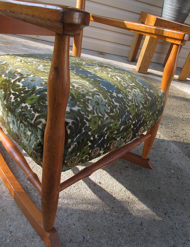 Oak Arts & Crafts Rocking Chair, Tiger Oak , Green Upholstery Seat 20th Century - Picture 11 of 13