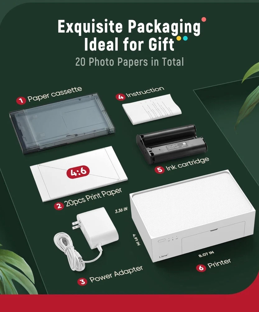 4x6” Liene Wi-Fi Photo Printer with Full-Color Thermal Dye for iPhone & Android