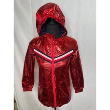 Tommy Hilfiger Girls Metallic Red Hooded Windbreaker Jacket Size 8 Chevron Logo