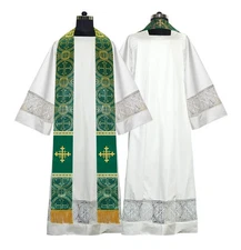 Green Liturgical Stole with Golden Jerusalem Cross and Fringes