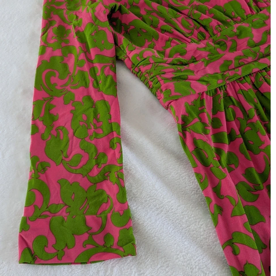 Milly Нью-Йорк розовый зеленый печать V шеи собранными в Рюш талии мини-платье 100% шелк размер L - Изображение 4 из 4