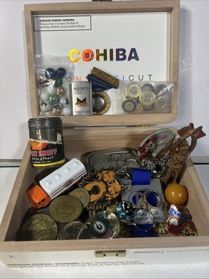 Vintage Curiosity Box Estate Find Mixed Lot Coins Marbles Pins Lighter Cigar Box